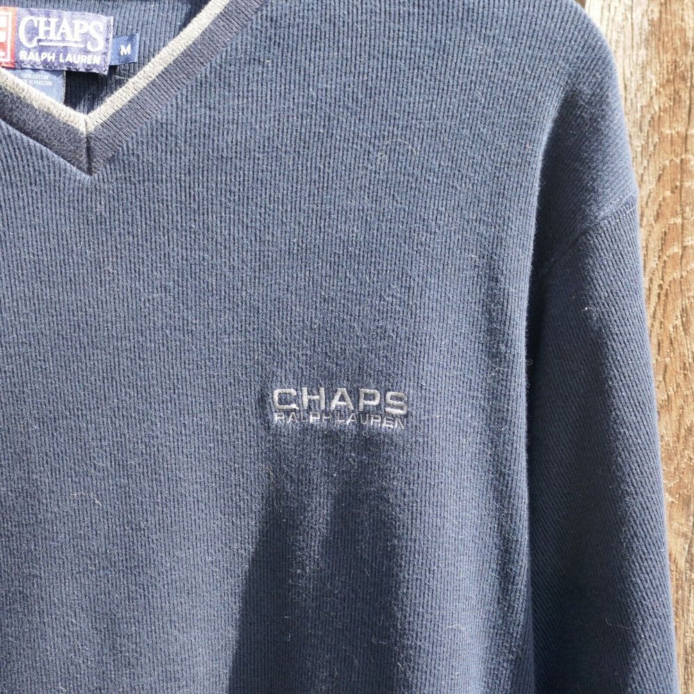 Vintage Chaps Ralph Lauren V-Neck Sweater Navy Blue Cotton Pullover Medium - Picture 2 of 6